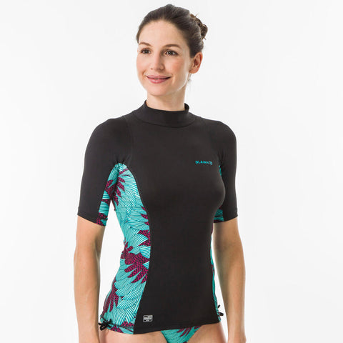 





tee shirt anti uv surf top 500 manches courtes femme turquoise et